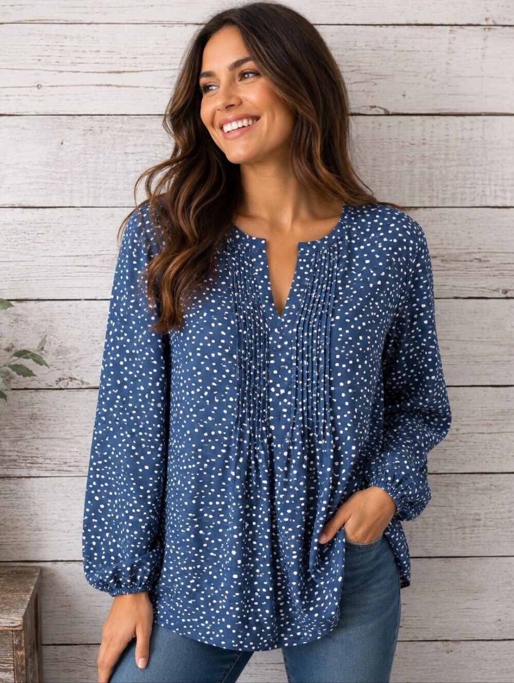 Collective Concepts Blue Dot Print Pintuck Blouse Size M #1158